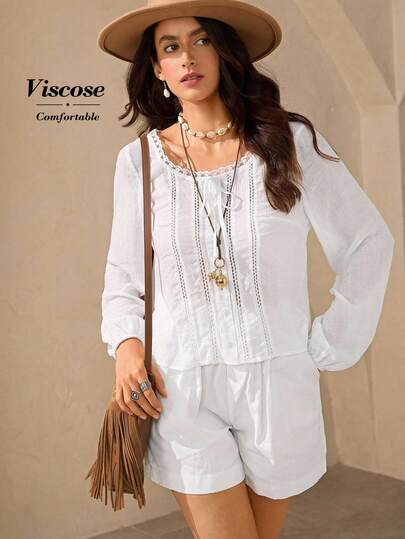 Wildy Blusa de mujer de unicolor con cuello redondo, manga farol raglán y calado