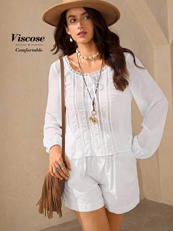 Wildy Blusa de mujer de unicolor con cuello redondo, manga farol raglán y calado