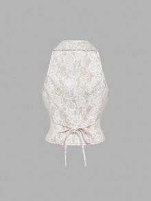 SHEIN MOD 女式复古皇家西装背心和裤子两件套，带蕾丝、珍珠纽扣、长袖，适合约会装、万圣节装、返校装、Y2K 装、垃圾装、秋冬旧款 - 杏色 - 查看 5