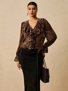 Travachic Plus Size Women Chiffon Floral Print Long Sleeve Blouse, Leopard Print Ruffle Hem Shirt,Fall Clothes For Women - Multicolor - View 6