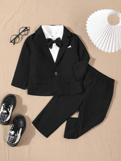 SHEIN 2pcs Baby Boys Elegant Formal Gentleman Suit Set, Including Long Sleeve Blazer Jacket With Fake Pockets And Elastic Waist Pants, No Shirt, No Bowknot , Suitable For Spring/Autumn, 6 Months To 3 Years Old Boys, Formal Outfit For Wedding, Performance, Party, Birthday, Christmas, Graduation Fall Winter
