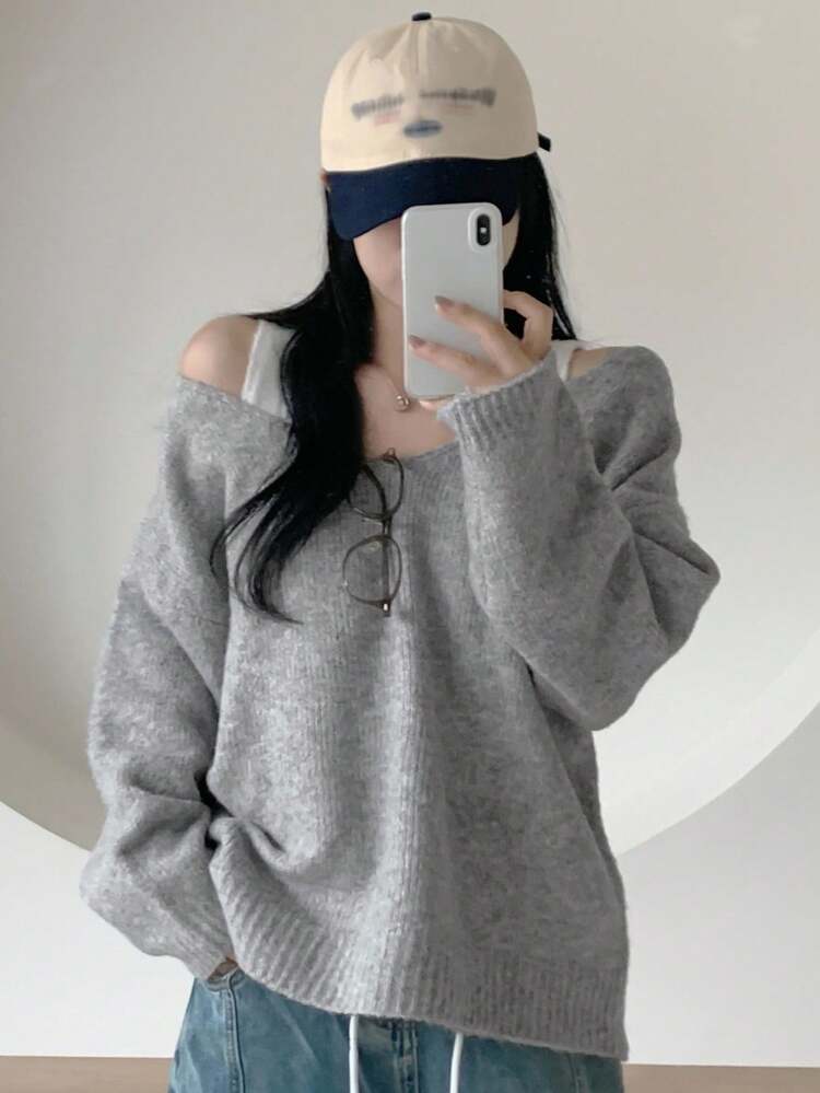 2pcs Slouchy Solid Color Layered Retro Vibe Open Shoulder Sweater Vest Set Fall