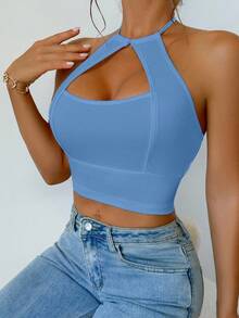 SHEIN Foxxy 镂空设计挂脖背心 - 藍色 - 查看 4