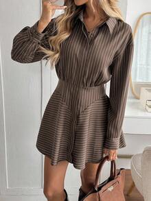 Easowa Women's Casual Commuter Striped Mini Dress Brown Striped Dress Long Sleeve Shirt Dress Striped Shirt Dress Coffee Brown Dress Brown Mini Dress Winter Dresses For Women Elegant Party Dresses   Brown Dress Formal Women's Clothes