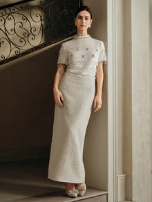 Anewsta Bộ trang phục thanh lịch dành cho nữ, thích hợp cho Halloween, tiệc Giáng sinh, đám cưới, dạ tiệc - Bao gồm áo tay ngắn đính tua rua đính sequin trắng và đá giả kim cương kết hợp với chân váy dài đến giữa bằng vải tuýt - trắng - Xem 4