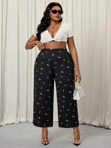 SHEIN PETITE CURVE Damen Große Größen Frühling und Sommer Mode Lässig Locker Bequem Kühle Tägliche Vielseitige Schwarze Kleine Blumen Textur Stoff Elastischer Bund Weite Bein Hose, Damen Unterteil, Weite Hose, Süßer Sommer, Europäischer Sommer, Urlaub, Flughafen für Frauen