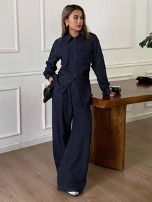 DAZY 2pcs/Set Women Navy Blue Autumn Smart Casual Office Long Sleeve Zipper Pleated Collar Pocket Waist Cinched Flare Leg Pants Lounge Sets Street Wear - Navy Blue - View 5