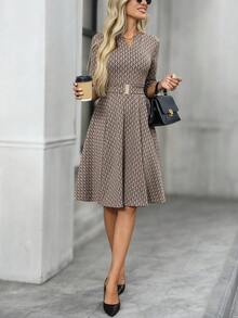 EMERY ROSE 女式秋季优雅通勤 V 领无袖高腰及膝连衣裙，经典派对礼服，婚礼宾客礼服，别致礼服，优雅晚礼服 - 卡其色 - 查看 8