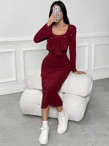 2pcs Set Elegant Beaded Decor V-Neck Long Sleeve Top & Fitted Knit Maxi Skirt, Stylish Outfit For Teens & Young Women, Spring/Autumn Fall Winter - Burgundy - View 9