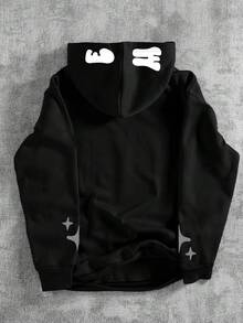 PAVTROS Men's Contrast Color Letter Graphic Thermal Lined Hoodie Casual Sweatshirt, Black Letter Long Sleeve Hoodie, For Friends, Husband, Boyfriend Gifts, Black Hoodies, Street Wear, Streetwear Hoodies, Y2k, For Fall Winter - Black - View 2