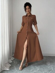 Elenzga Váy ngắn tay đơn giản tối giản màu trơn dành cho nữ - màu nâu - Xem 1