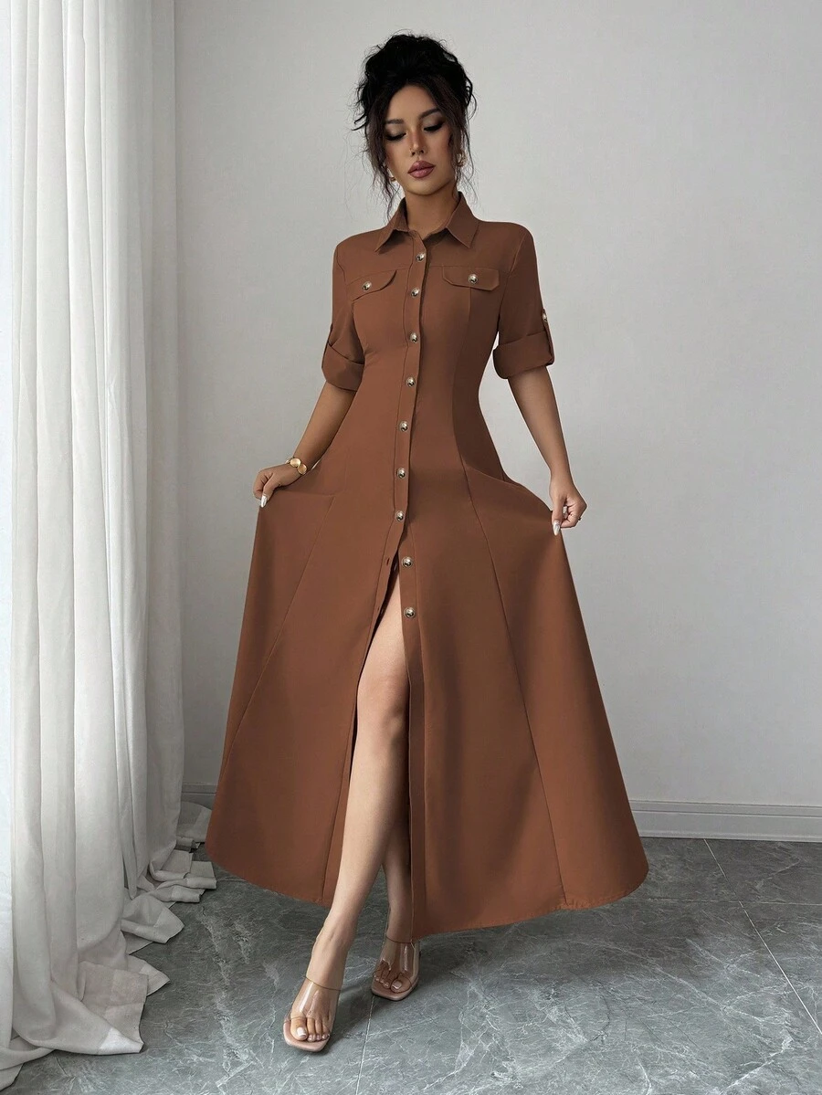 Elenzga Váy ngắn tay đơn giản tối giản màu trơn dành cho nữ - màu nâu - Xem 1