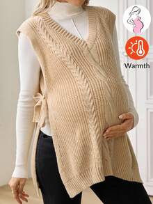 SHEIN Maternity Casual Solid Color Side Slit Knit Vest - Khaki - View 3