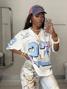 Coolane 女款和男款夏季音乐会 Y2K 街头复古运动图案超大 V 领针织 T 恤