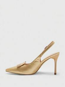 CUCCOO BIZCHIC 女士户外尖头细高跟鞋棕色 PU 皮革时尚简约舒适日常及派对搭扣带高跟鞋 - 金色 - 查看 4