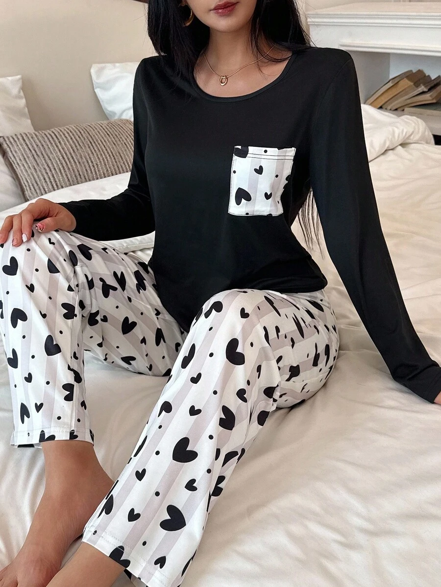 Heart Print Casual Crew Neck Long Sleeve Top & Long Pants Women Pajama Set, Fall Winter Clothes Heart Print Pajama Set Comfy Pajama Set - Black - View 1