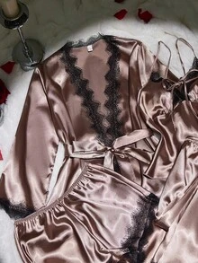 SilkySpell 4件套女士性感蕾丝吊带睡衣套装，蕾丝边短裤，长裤，优雅缎面腰带睡袍，四季皆宜的缎面睡衣套装，缎面睡袍套装，缎面内衣套装，睡衣套装，秋冬服装 - 棕色 - 查看 4