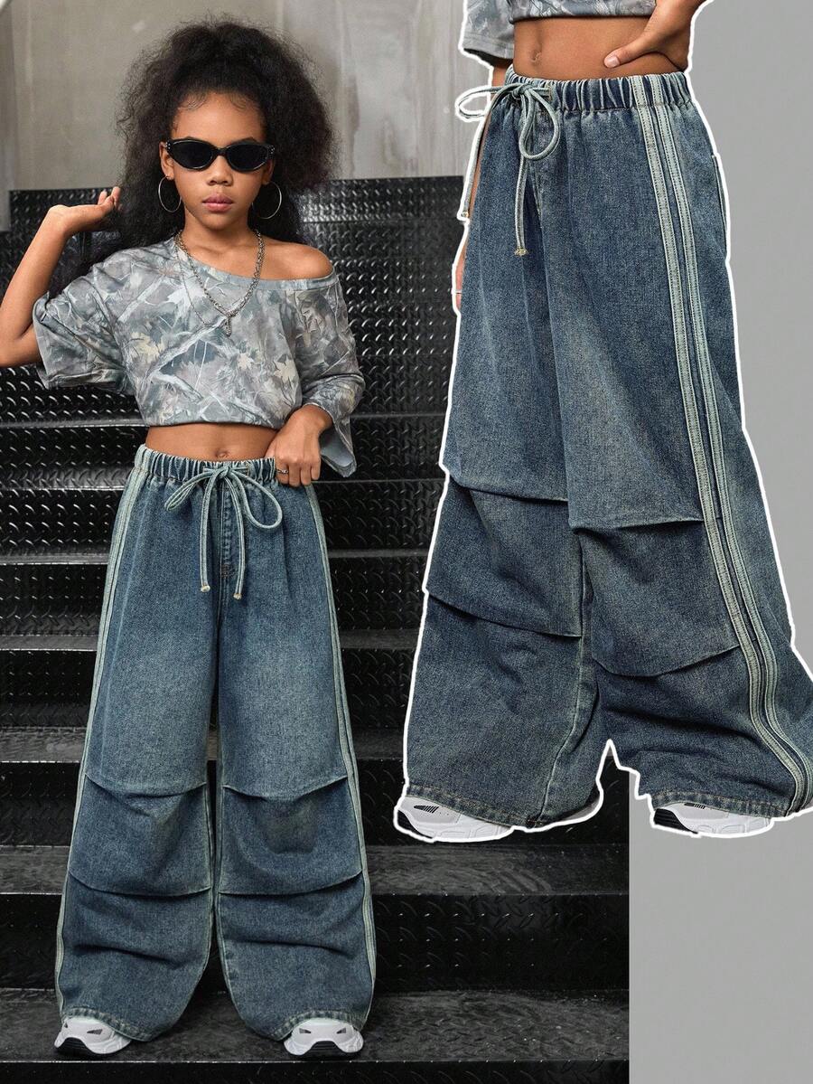 SHEIN Tween Girls Y2K Punk Streetwear Casual Color Block Side Stripe High Waisted Jeans Flap Pocket Pleated Wide-Leg Cargo Wide Leg Jeans Pants,Halloween Clothes Girl,Christmas Clothes,Girls Fall Winter Clothes Back To School Homecoming Outfits,Autumn Clothes Loose Wide Leg Pants - Medium Wash - View 1