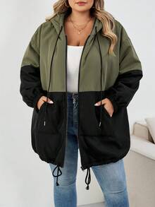 SHEIN CURVE+ Plus Size Women's Contrast Color Hooded Loose Jacket For Autumn And Winter Fall/Autumn /Winter - Multicolor - View 5