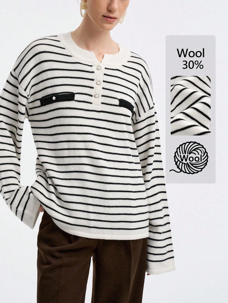 SHEIN LUNE Elegant Black And White Striped Autumn Women's Knit Sweater ...