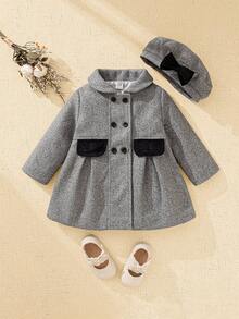 SHEIN 2pcs/Set 6Months-3Years Baby Girl Coat Casual Style Fall Outfits For Girl Warmer Coat&Hat Winter