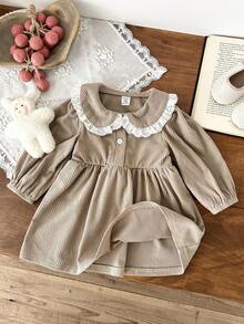 SHEIN 1 件女童日式田园风格灯芯绒蕾丝彼得潘领长袖连衣裙，甜美简约，秋冬 - 巧克力棕 - 查看 4