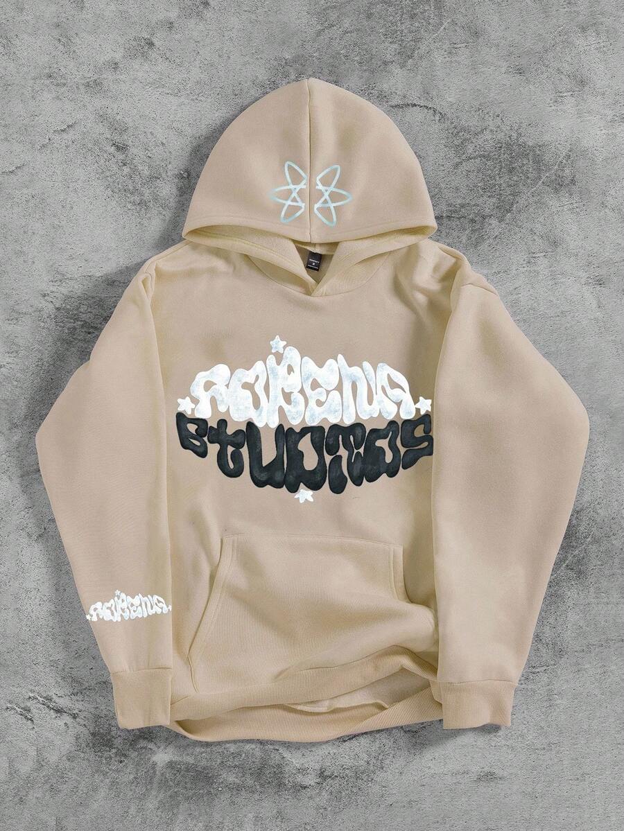 Manfinity EMRG 男士休闲印花口袋图案街头风连帽衫，秋季 - 杏色 - 查看 1