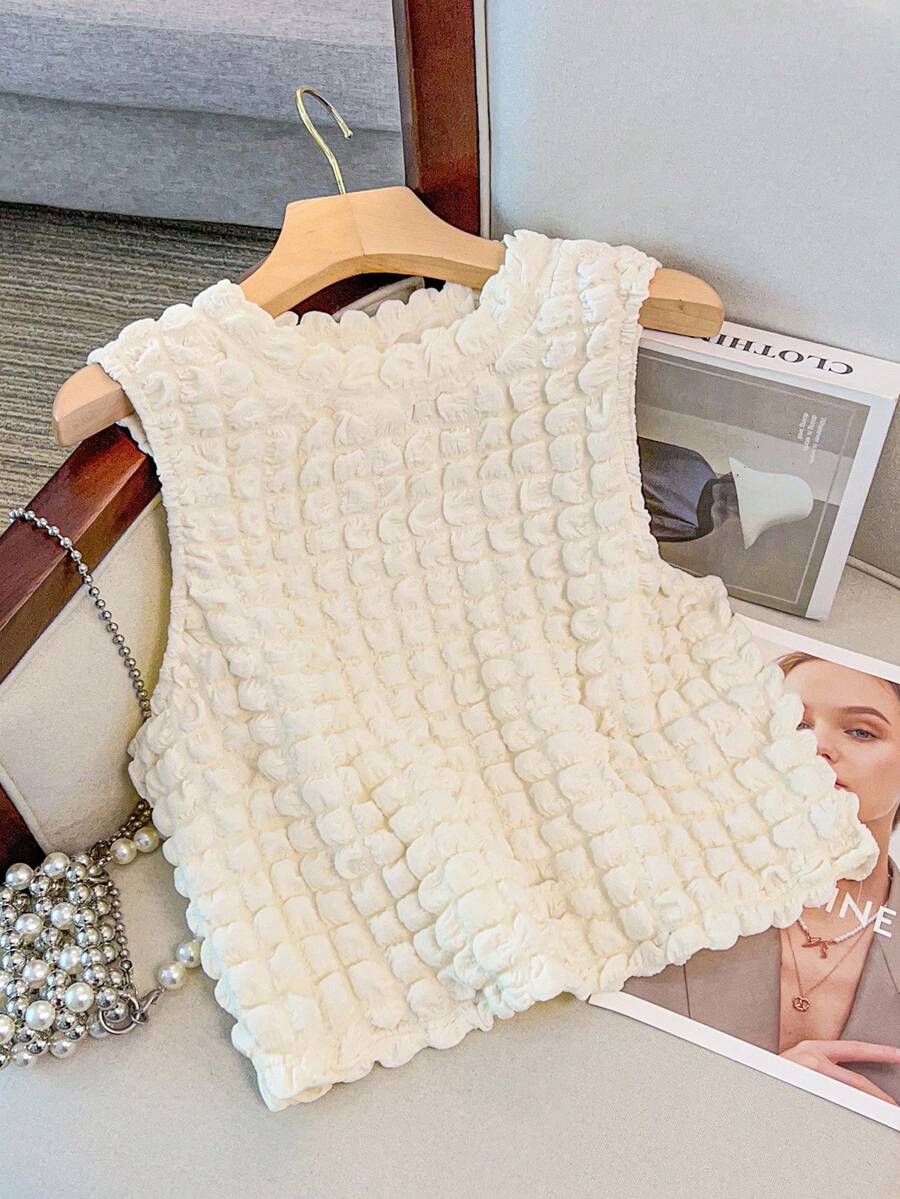 GlowEve CURVE 加大码女式无袖短款华夫格针织高端时尚圆领修身性感吊带背心 - 杏色 - 查看 1