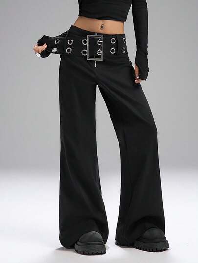 LYSMO 2025 New Arrive Minimalism Fall Vintage Loose Black Metal Grommet Decor Waist Belt High Waist Wide Leg Pants