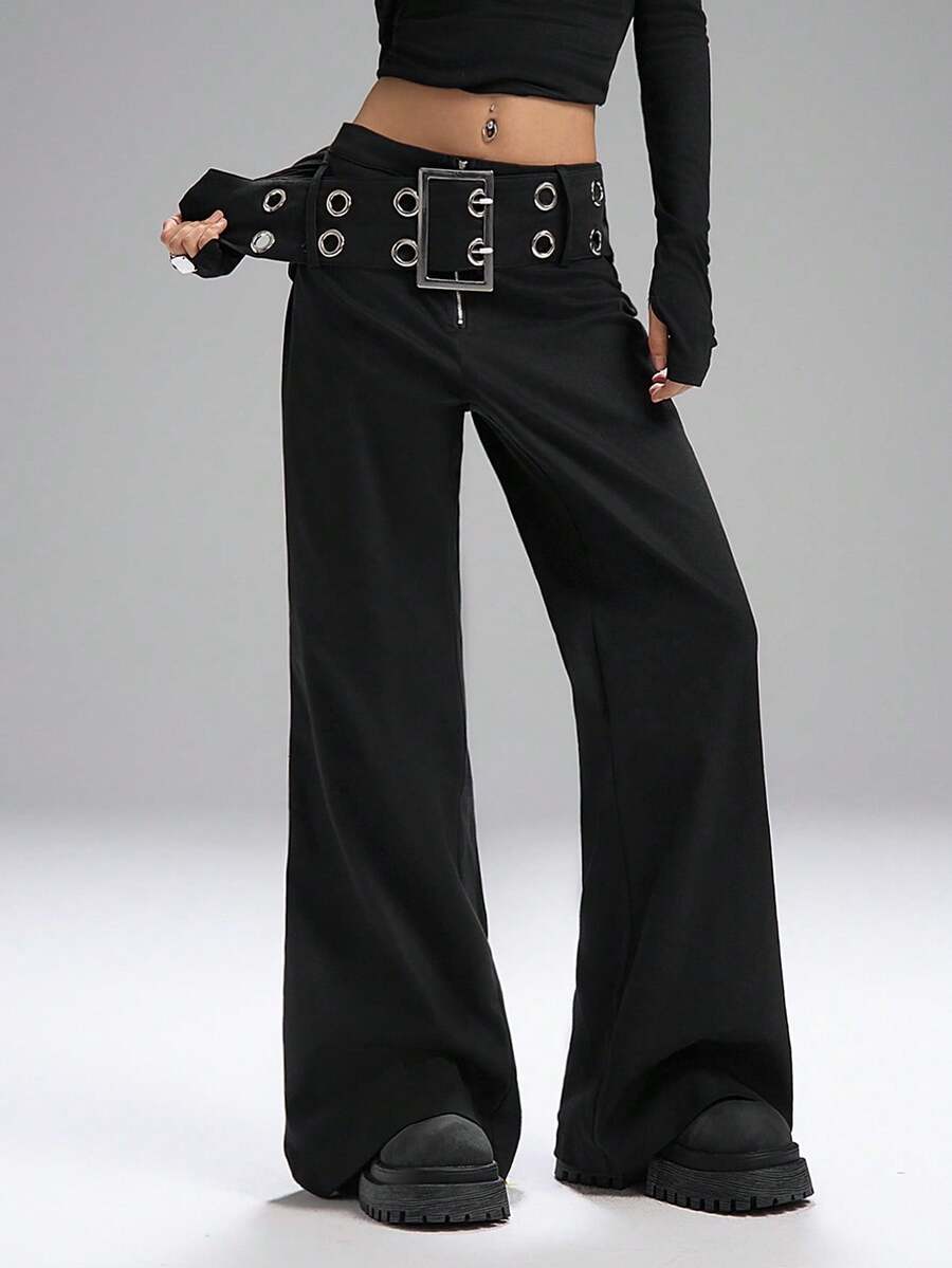 Muchica Plus Size Women Casual Flare Pants With Eyelet & Buckle Design Gothic Pants High Waisted Pants Black Wide Leg Pants Women Wide Leg Trousers For Women Gothic Wide Leg Pants High Waisted Pants For Women Wide Leg Pants For Women Belted Pants - Black - View 1