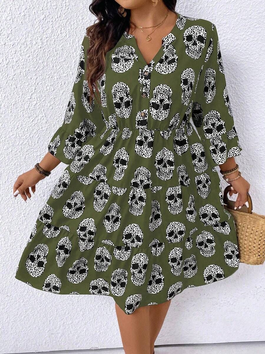 SHEIN LUNE Plus Size Women Leopard & Skull Print V-Neck Flare Sleeve Casual Dress