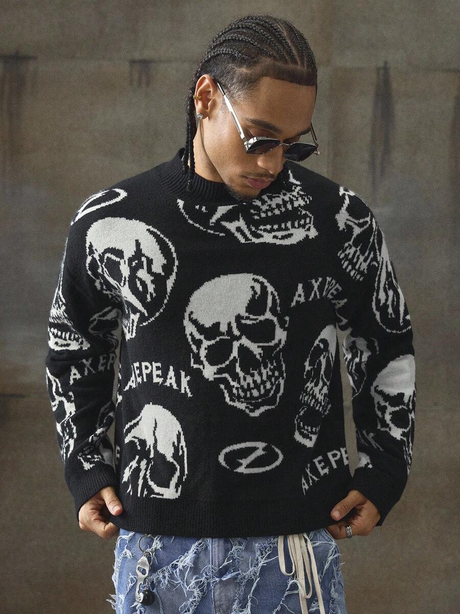 AXEPEAK Men's Skull & Dark Pattern Punk Hip Hop Pullover Sweater, Fall Winter - Black - View 1