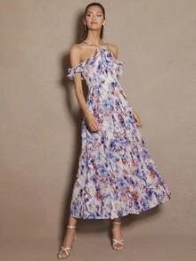 Enchnt 层叠荷叶边露肩开衩连衣裙 - 藍色 - 查看 5