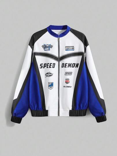 Street Life Giacca bomber da donna stile sportivo da strada, con stampa di lettere da corsa e colore a contrasto, spalle a caduta