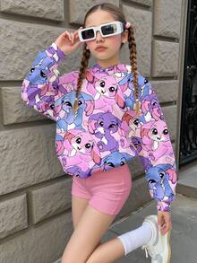 SHEIN Leap Crew Cute Cartoon Blue Rabbit Stitch Pattern Casual Campus Sports Style Tween Girl Loose Fit Comfortable Long Sleeve Sweatshirt, Suitable For Autumn/Winter Music Festivals, Outdoor Picnics, Outings, Street Photography, Home Wear Fall - Multicolor - View 2