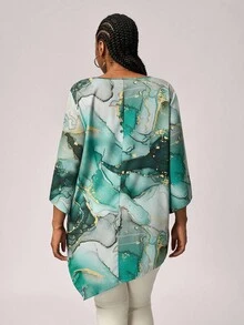 SHEIN Tall CURVE 大码休闲简约全印花衬衫，适合秋季 - 綠色 - 查看 2