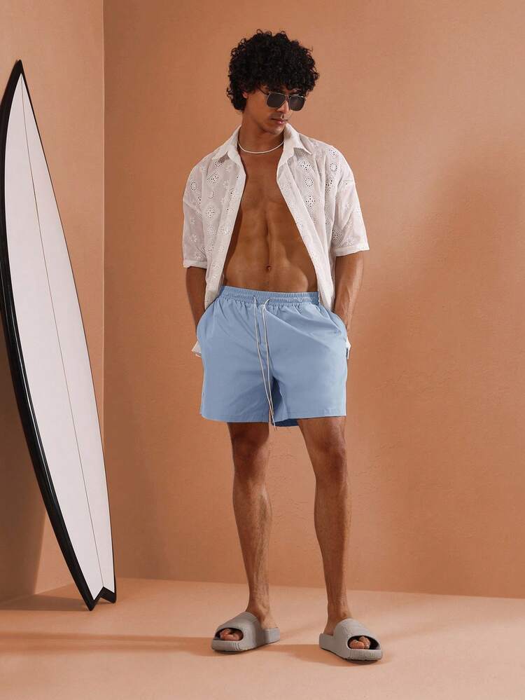 Mid Length Swimming Trunks With Elastic Drawstring Waistband
