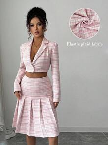 Elenzga 女士职业格子针织短夹克和褶皱 A 字裙两件套，优雅浪漫 - 粉色 - 查看 3