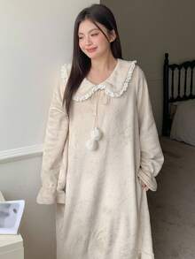 Dazy Plus 保暖内衬宽松蝙蝠袖长款蓬松睡裙，大码女式睡衣，秋冬舒适，宽松睡裙 - 米色 - 查看 1