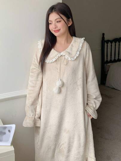 Dazy Plus 保暖内衬宽松蝙蝠袖长款蓬松睡裙，大码女式睡衣，秋冬舒适，宽松睡裙