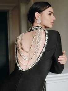 Anewsta Women's Elegant Handmade Rhinestone Chain Backless Dress - Black - View 1