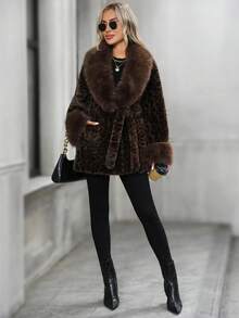 EMERY ROSE Women's Leopard Print Lapel Long Sleeve Faux Fur Fashion Jacket Women's Winter Clothes Women's Winter Coat Winter Coats For Women Women's Winter Jacket - Coffee Brown - View 6