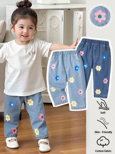 SHEIN 2pcs Baby Girls' Casual Floral Print Soft Comfortable Loose Straight Leg Jeans Pants & Top Set, Fashionable Vacation Streetwear, Spring/Autumn Fall Winter