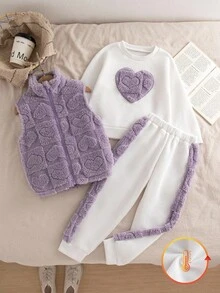 3pcs/Set Toddler Girls Winter Outfit,Heart Embroidery Ribbed Sweatshirt,Furry Trim Sweatpants,Zip-Up Plush Vest,School,Back-To-School,Winter Clothes - Multicolor - View 6