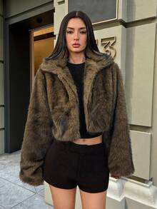 SHEIN Tall 女式复古风格前开仿毛领大衣，冬季时尚外套 - 棕色 - 查看 1