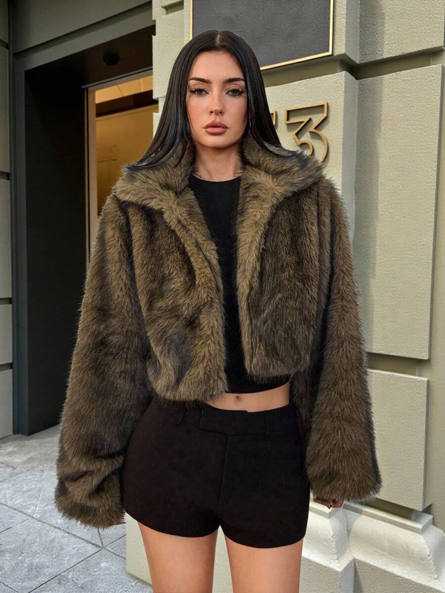 SHEIN Tall 女式复古风格前开仿毛领大衣，冬季时尚外套 - 棕色 - 查看 1