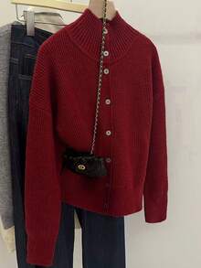 INAWLY Autumn/Winter High Neck Long Sleeve Knitted Cardigan, Versatile & Elegant