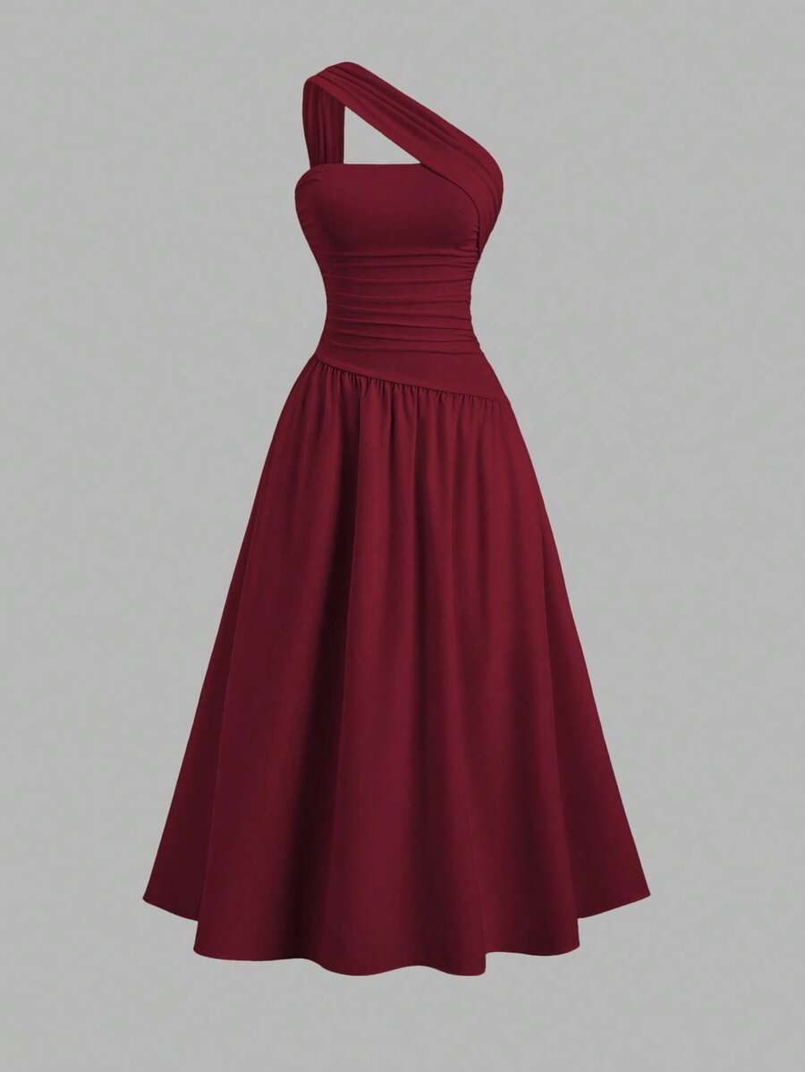 Sweetra 女士斜肩修身抹胸连衣裙 - 紅木色 - 查看 1