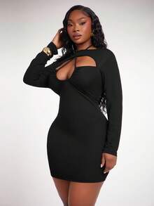 Radiana Plus Size Women Sexy Elegant Hollow Out Ruched Bodycon 2 In 1 Black Dress - Black - View 6