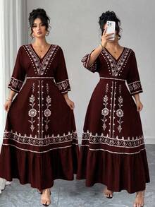 Elenzga Christmas Plus Size Women Placement Print Beach Dress, Bohemian Style - Burgundy - View 1